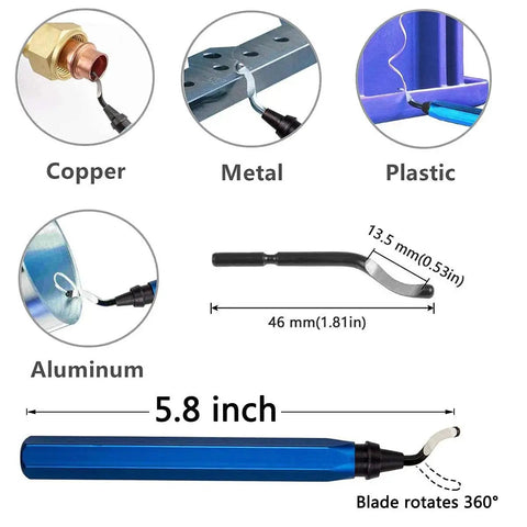 Deburring Tool Set With 10 HSS Blades For Metal Aluminum Copper Plastic Pipe And 3D Printing Projects, Durable Anti Slip Handle, NB1100 Tool With BS1010 Replacement Blades For Quick Clean Edges And Pro Level Finish For DIYers And Pros, showing different applications and dimensions.