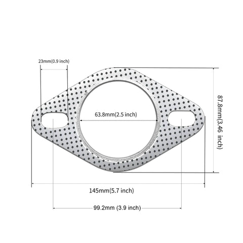 Exhaust flange gasket 2.5 inch with two bolt holes, graphite high-temperature with fire ring, 2 pcs, diagram view
