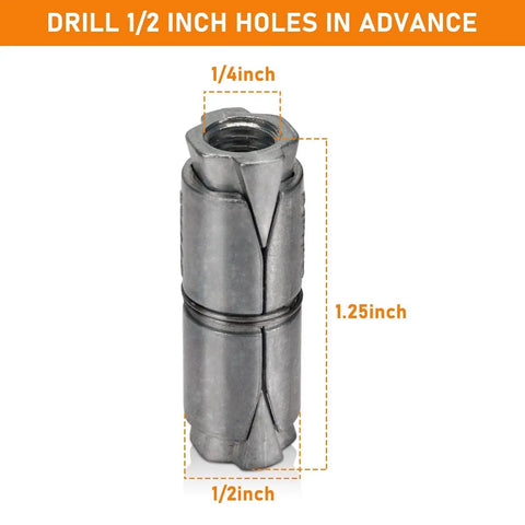 24 Pack Double Expansion Shield Anchors For Concrete Brick And Block Internal Thread One Quarter Inch Length One And A Quarter Inch External Diameter One Half Inch Zinc Alloy Heavy Duty Inside Screw Anchors with size specifications.