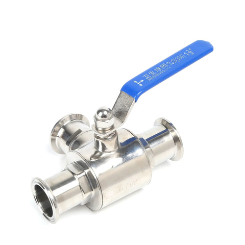 Sanitary ball valve, 1.5-inch tri-clamp, stainless steel 304, blue lever, 3-way T-port