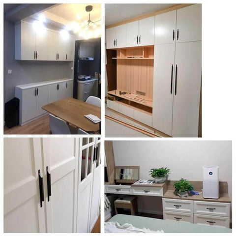 Installed black cabinet pulls 5 pack on white cabinets and drawers, showcasing long cabinet hardware with easy install handles.