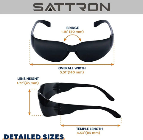 50 Pack Tinted Safety Glasses With Scratch And Impact Resistance Dark UV Protective Lenses For Construction Outdoor Work And Shooting Affordable Eyewear That Blocks Glare And Keeps Your Eyes Safe, displayed from front and side angles with size details.