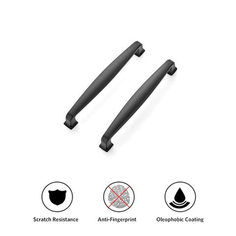 Two matte black cabinet handles with scratch resistance, anti-fingerprint, oleophobic coating. 30 Pack Solid 5 Inch Cabinet Handles Matte Black Pulls For Kitchen Drawers And Cabinets, 5-1/2 Inch Overall Length, 1/2 Inch Width, 15/16 Inch Projection, Durable Steel Construction, Easy To Install Hardware For Cupboards.
