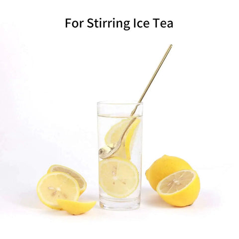 Gold Tone 6.7 Inch Long Handle Coffee And Tea Spoon in iced tea glass with lemon slices