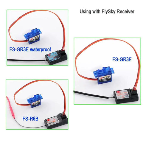 Two blue FS90R micro continuous-rotation servos with orange wiring and a small controller module.