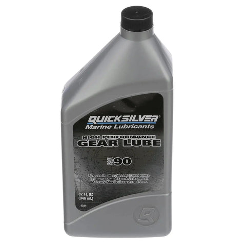 Quicksilver marine gear lube SAE 90 bottle, 32 fl oz, gray plastic container with black label