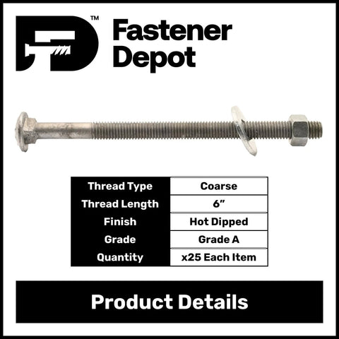 1/2-13 X 9 Carriage Bolt Kit For Exterior Use With Beefy Hot Dipped Galvanized Finish, Self Locking Head, Commercial Grade 307A