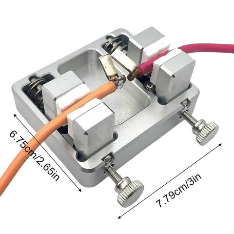 Adjustable Heavy Duty Soldering Jig For Circuit Board Mounting And Welding, Pro Grade Sturdy Aluminum Fixture With measurement dimensions.