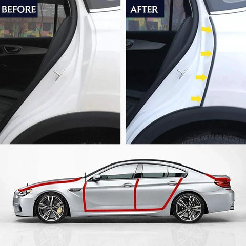 Before and after installation of Rugged D Shape Heavy Duty Weather Stripping 3/8 Inch By 1/4 Inch Rubber Seal on car door