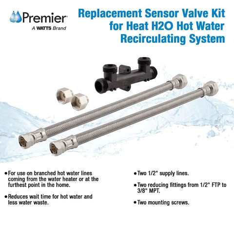 Watts Premier replacement sensor valve kit for hot water recirculation system; two supply lines and fittings.
