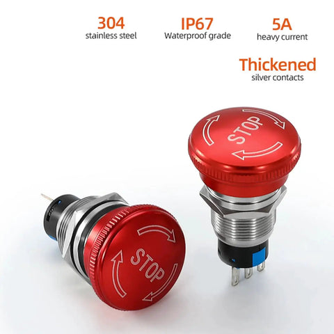 Estop Button Latching 19mm Emergency Stop Switch 5A Mushroom 304 Stainless Steel with red top and silver contacts