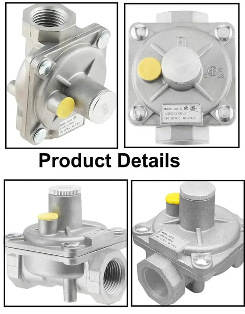 Half Inch Gas Pressure Regulator For Natural Gas And LPG Interchange With Inlet And Outlet One Half Inch NPT Includes Two Brass Adapters