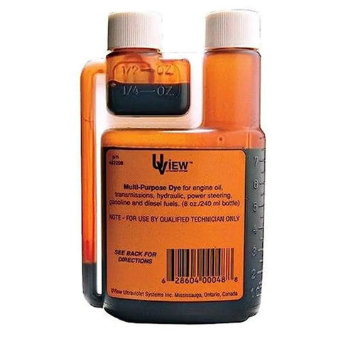Multi-Purpose UV Dye For Leak Detection 8 Oz Bottle With Built In Measuring showing label and measurement markings