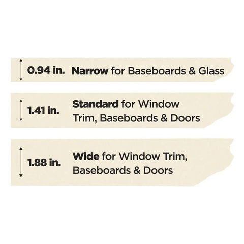 Comparison of Greener Masking Tape widths, showing 0.94 in, 1.41 in, 1.88 in suitable for baseboards, glass, window trim, doors.