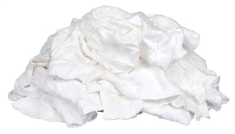 Pile of all-white recycled t-shirt cloth rags for all purpose wiping, cleaning, and polishing, absorbent lint-free, 1 lb box.