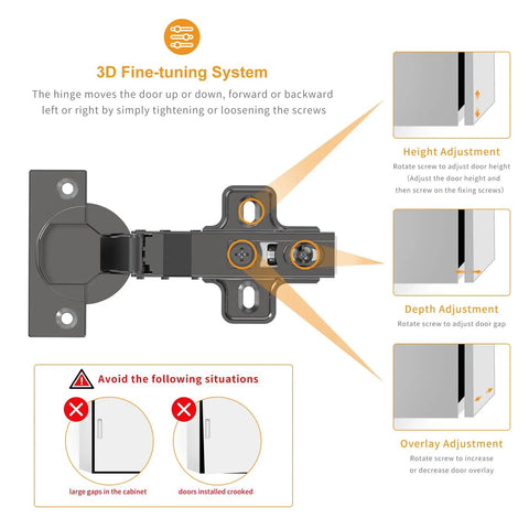Soft Close Cabinet Hinges By Chibery 50 Pack Full Overlay Easy Install Three Quarter Inch Clip On Plate 105 Degree Black Frameless European Concealed Hinge For Kitchen Cabinets Wardrobes And Bookcases, highlighting 3D adjustability and installation warnings