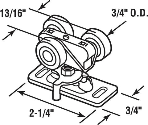 Diagram of 3/4 Inch Sliding Pocket Door Rollers Assembly with top hanger, showing dimensions for bypass pocket and closet doors support.