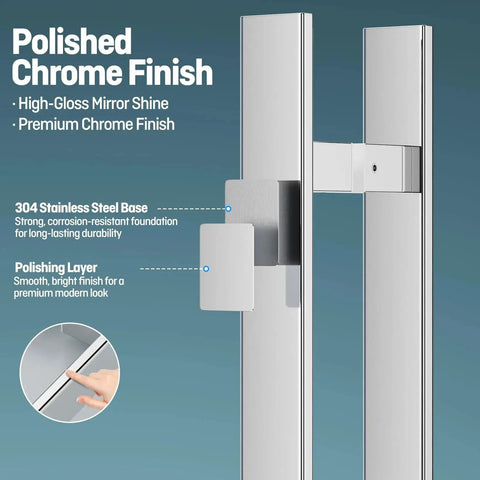 H Shaped 18 Inch Rectangle Push Pull Door Handle Back To Back 300mm Center To Center 1.2mm Thick 304 Stainless Steel Polished Chrome
