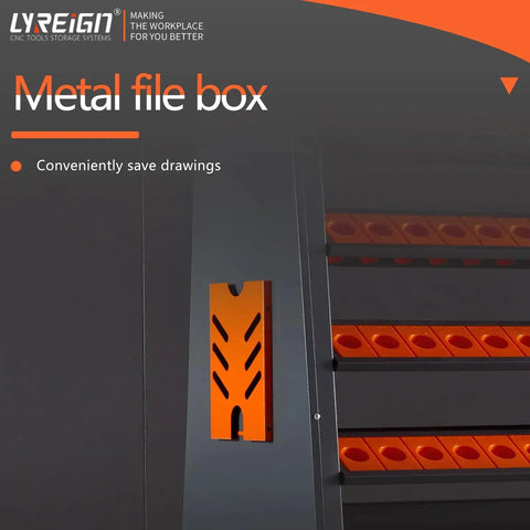 Metal file box on a CNC tool storage system with visible orange tool holder racks inside a 8 Row Large Capacity CNC Tool Holder Rack And Storage Cabinet And Storage System For Workshop Shop Floor Mechanic Garage Pro Grade Rugged ABS Tool Cart With Cushioning And Easy Access.