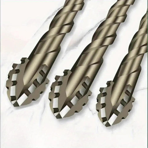 Close-up view of 3 carbide tipped sawtooth eccentric drill bits set with hex shank for drilling ceramic, tile, and concrete
