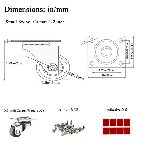 Diagram and components of 0.5 Inch Mini Swivel Caster Wheels With Self Adhesive Plate Low Profile Rubber Casters, screws, and adhesive.