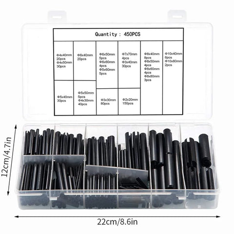 Assorted Slotted Spring Dowel Pins Kit, 450 Piece Set, Durable Spring Steel With Black Oxide Finish in plastic case
