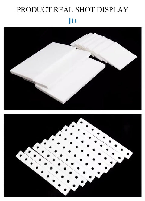 White PTFE Plastic Sheet 200mm by 200mm 5mm Thick Nonstick High Performance Board for Industrial and DIY Projects displayed in multiple pieces.