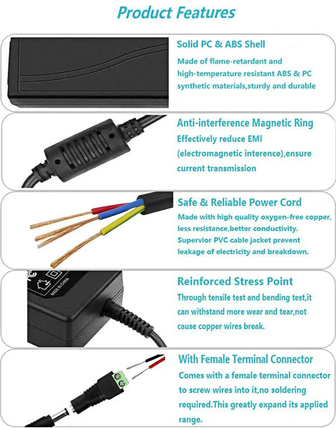 Beefy 24V DC Power Supply 4A 96W 100 240V AC To 24V DC Switching Adapter With 5.5x2.5mm Plug features outlined