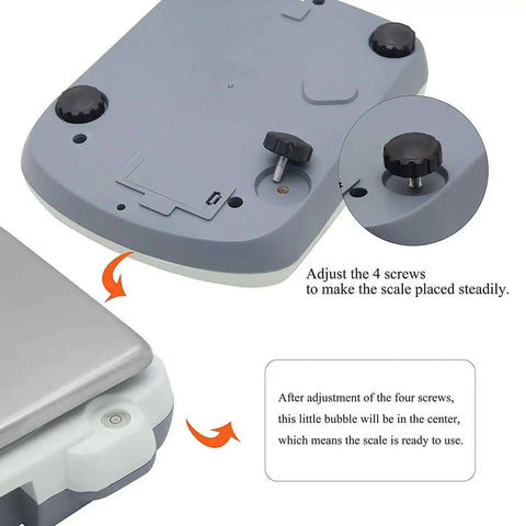 Pro Grade Digital Precision Balance 5000g By 0.01g Lab Scale adjustable screws close-up with stabilizing components