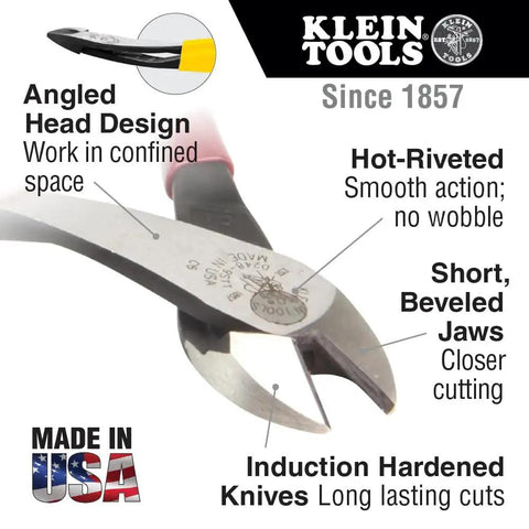 Angled-Head Diagonal Cutting Pliers For Tight Spaces With High-Leverage And Short Jaw 8-Inch Multi-Purpose Wire Cutters Made In USA Klein Tools