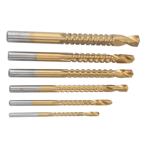 Six Piece Serrated Twist Drill Bit Set For Wood PVC And Plastic Chamfering Grooving Includes 3 4 5 6 6.5 And 8mm Bits For Soft Materials