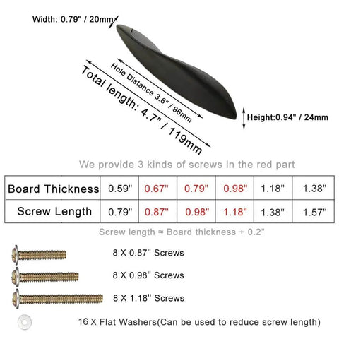Diagram of 4Pcs Arcuate Cabinet Pulls 3.8 Inch Center To Center S Shaped Matte Black detailing dimensions and screw lengths.
