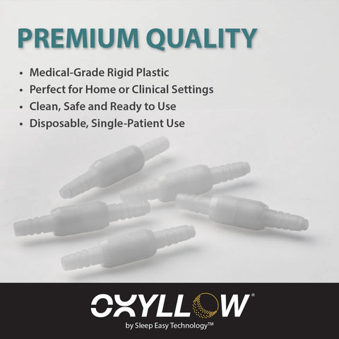 Oxyllow Premium Swivel Connector set of 5, white medical-grade plastic barbed tubing fittings with 360° rotation.