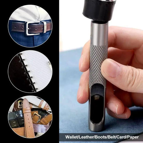 12 mm Round Hole Punch for Leather, Watch Bands, Belts, Canvas, Paper, and Plastics, heavy duty steel tool in hand.