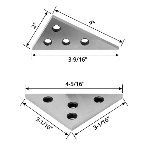 Solid 1045 Steel Angle Block Set Two Piece Pro Grade Machinist Precision Measuring Tool For Calibration And Setup With 30 60 90 And 45 45 90 Degree Angles And Four Mounting Holes For Easy Install And Durable Long Lasting Construction close-up view with measurements.