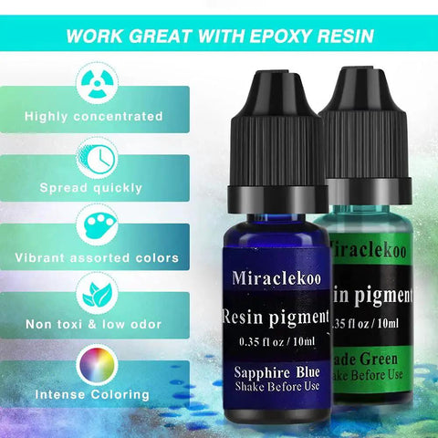 12 Colors Epoxy Resin Dye Kit With 10ml Bottles Translucent Pigment For Resin Craft Non Toxic Safe For The Environment Perfect For Jewelry Coasters Casting And Art Projects Easy To Mix And A Little Goes A Long Way, showing Sapphire Blue and Jade Green bottles