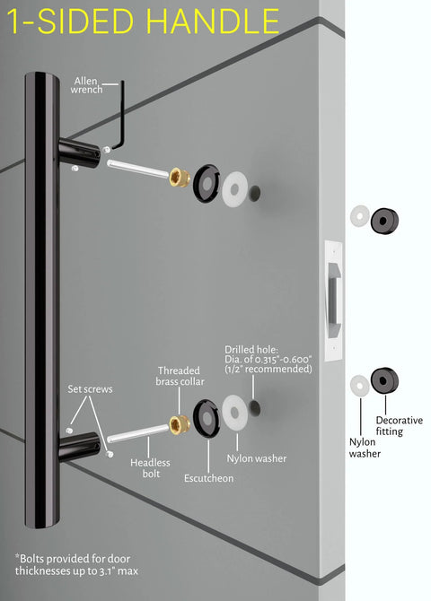 Installation diagram of 24 Inch Matte Black Stainless Steel One Sided Door Pull Handle For Wood Glass Metal Doors And Sliding Glass Shower Doors Modern Contemporary Push Pull Bar For Home Office And Commercial Use Must Have.