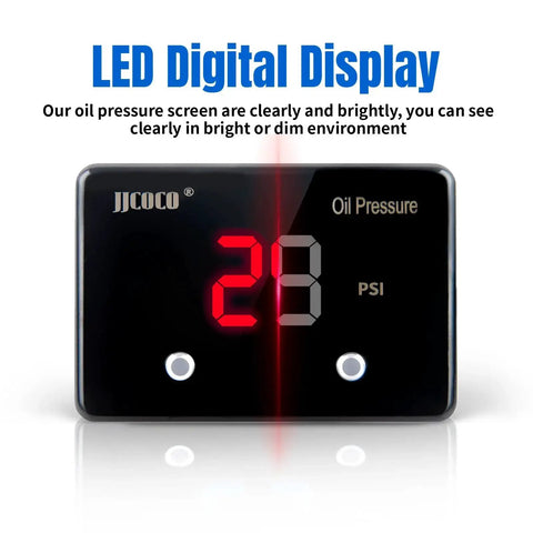 Oil Pressure Gauge Kit With LED Digital Display For 12V Cars And Trucks showing 28 PSI on screen