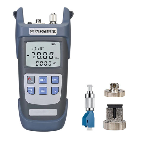 Fiber optic tester with optical power meter and VFL, handheld blue unit displaying -70.00 dBm with adapters