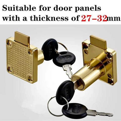 Gold Drawer Lock And Door Puncher Set For Desks Cabinets And Jewelry Boxes With 0.75 Inch Door Opener Hole Fits 27 To 32 mm Door Panels Model CT-138-32 1 Set, showing lock with keys suitable for door panels.