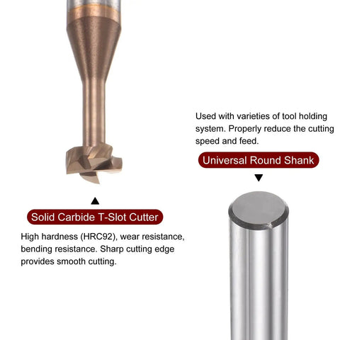 T Slot End Mill Milling Cutter For Stainless Steel Alloy 6mm Diameter 2mm Cutting Depth 6mm Shank 4 Flutes Solid Carbide Titanium Coated Built Tough For Precision shown with universal round shank and solid carbide cutter