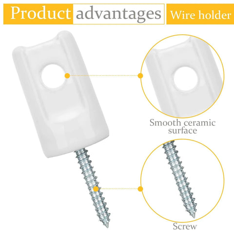 Close-up of 25 Pack Ceramic Lag Screw Fence Insulators For Wooden Posts, highlighting smooth porcelain surface and screw details.