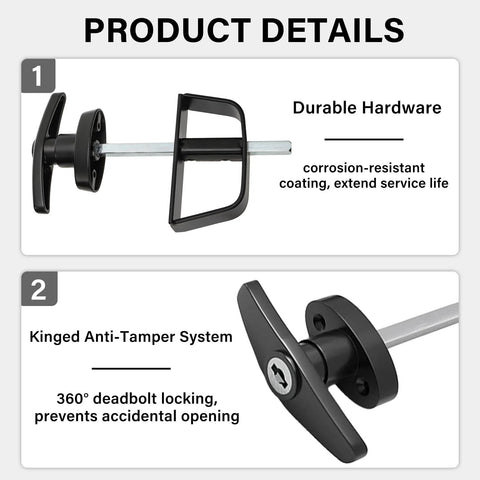Product details of All In One Shed Door Latch Kit With T Handle Lock And Five Keys, showing durable hardware and anti-tamper system.