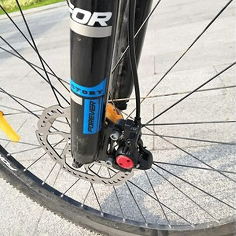 CYSKY bike hydraulic brake hose kit 2500mm installed on front wheel with disc rotor and black brake caliper