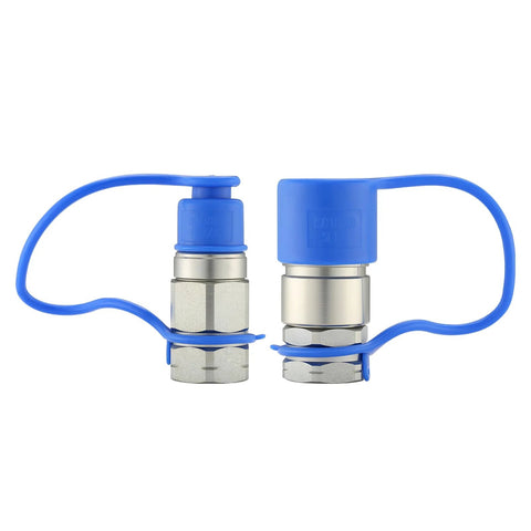 Dust caps for 1/2-inch flat-face hydraulic quick-connect couplers, blue rubber caps with metal fittings, 4 sets