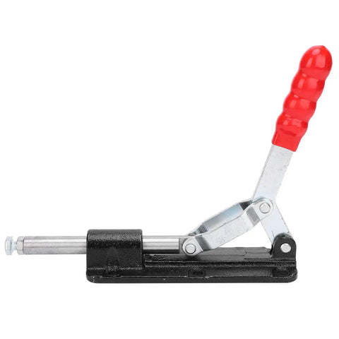 Side view of Beefy Quick Release Toggle Clamp With 1278 Lbs Holding Power, red handle and galvanized body.