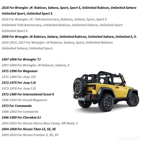 Side view of a 2018 yellow Jeep Wrangler with compatibility list above, suitable for 2 Piece Axle Bearing And Seal Kit For Jeep J10 CJ5 CJ6 Wrangler JK Nissan Xterra 1971 2018 Replacement Axle Seals And Bearings Set For Dana 44 Front Or Rear.