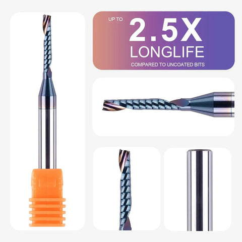 Precision One Eighth Inch Carbide O Flute Spiral Router Bit With Durable Coating for CNC Milling, close-up, side and front views