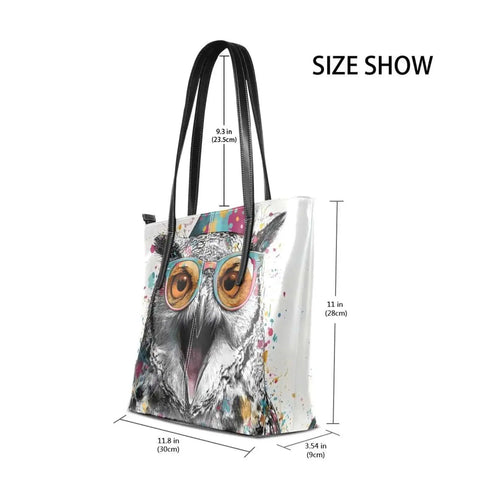 Owl Themed Womens PU Leather Tote Bag With Top Zipper Shoulder Handbag, side view showing owl design and dimensions.