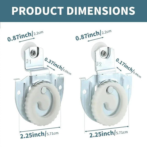 Diagram showing dimensions of 4 Pieces Sliding Closet Door Rollers Set With Eight Screws For Top Hung Wardrobe Sliding Doors Hardware Includes Two Roller Types Adjustable Door Hooks Durable Metal Wheels For Smooth Quiet Operation.